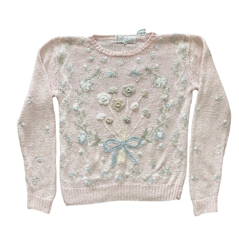 Vintage 90s Melbourne Elements Bow Floral Bouquet Hand Knit Long Sleeve Sweater